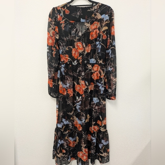 Who What Wear Black Sheer Floral Flowy Long Sleeve Midi Dress sz S - Picture 11 of 11